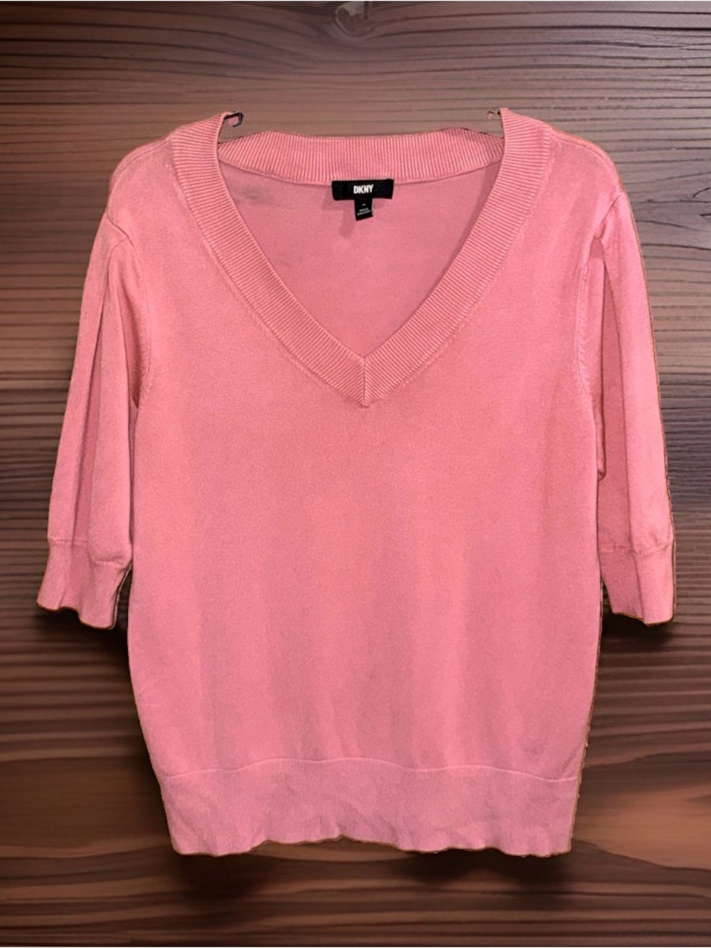 DKNY Coral Pink V-Neck Short Sleeve Sweater